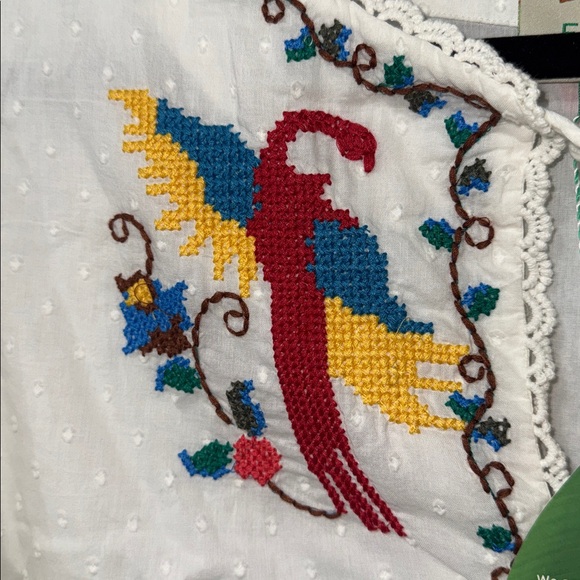 🌴Farm Rio Macaw 🦜 Cross Stitch Embroidered maxi midi Dress Off-White Size M NWT - Picture 6 of 12